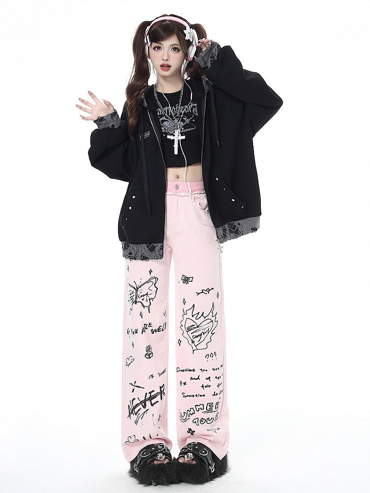 Pink Wide-leg Graffiti Design Jeans High Waist