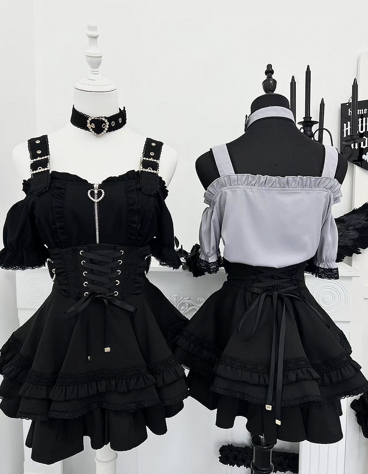 Tiered Skirt Black and Jirai Kei Heart Buckles Lace-up Front Back