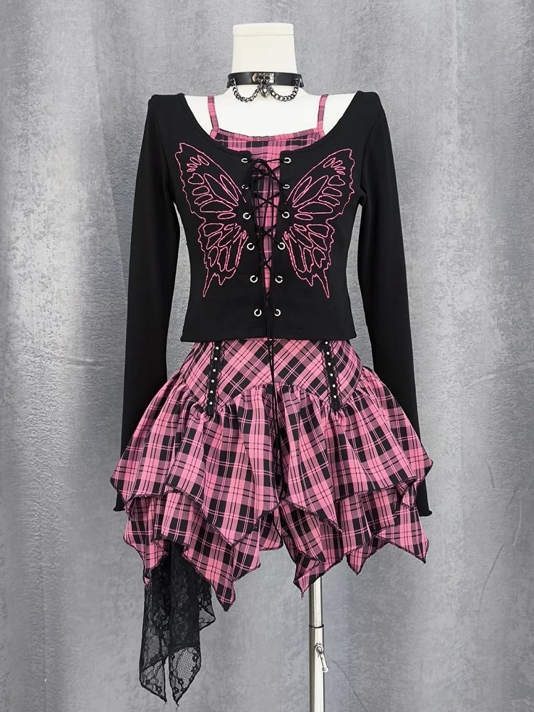 Top Faux Y2K Lace-up Front Butterfly Print Black Pink Plaid Two-pieces and