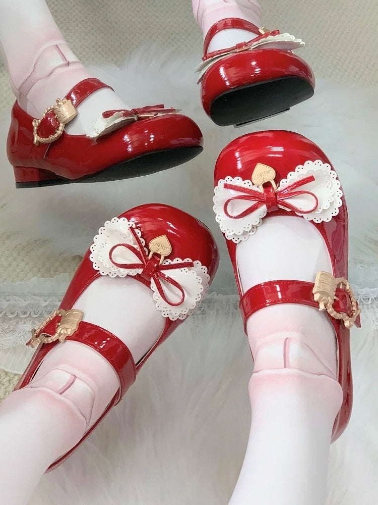 Janes Mary Täglich Bequeme Mehrschichtige Schuhe mit Niedrigem Absatz und süßen roten Schleifen Lolita -