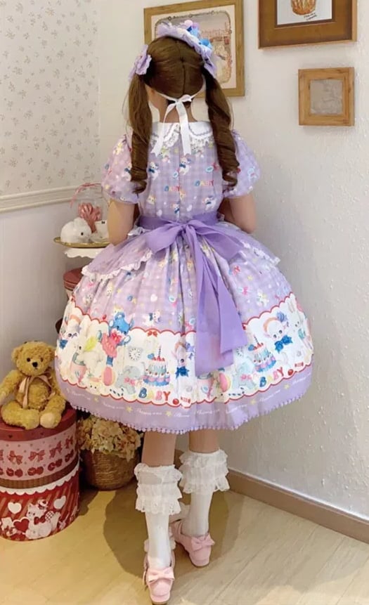 Lamb Clearance-Size L Dress Bear Print Sweet Collar 100CM Lolita and Purple Bust Pan for Peter Short Sleeves