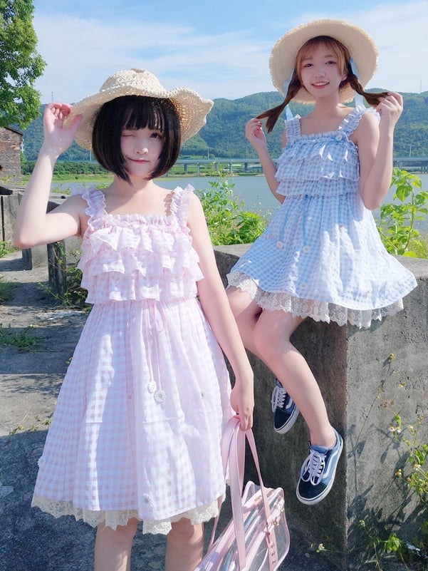 Pink Cottagecore Gingham Sundress Daisy Lace Trim Plaid Lolita Jumper Skirt