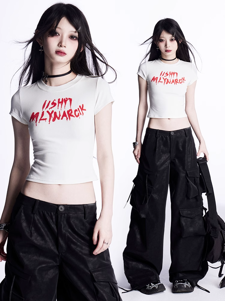 Cropped T-Shirt White Letter Print Bittersweet