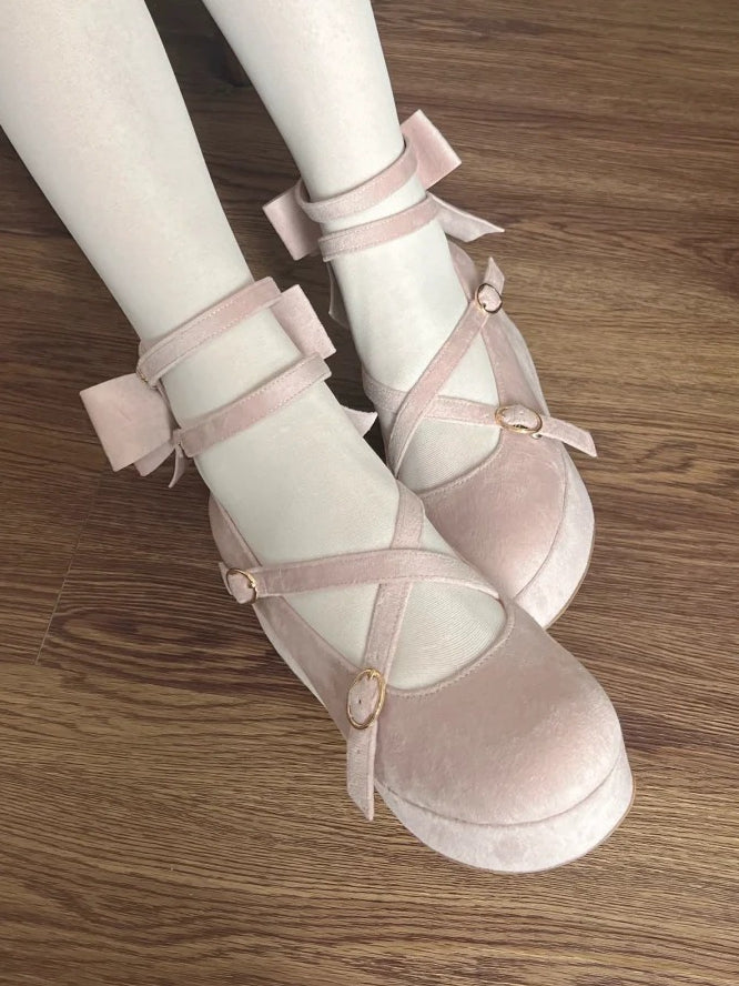 Platforms Wedge Bow Velvet Design Crisscross Pink - Accent Sweet