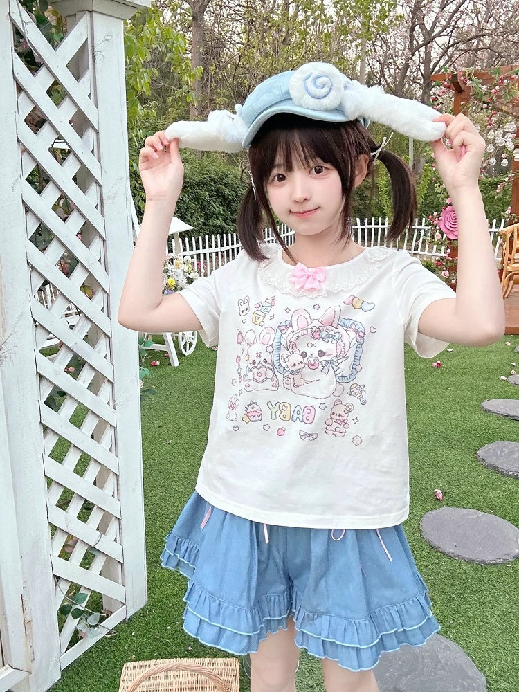 White Ruffled Neckline Adorable Bunny Print T-Shirt