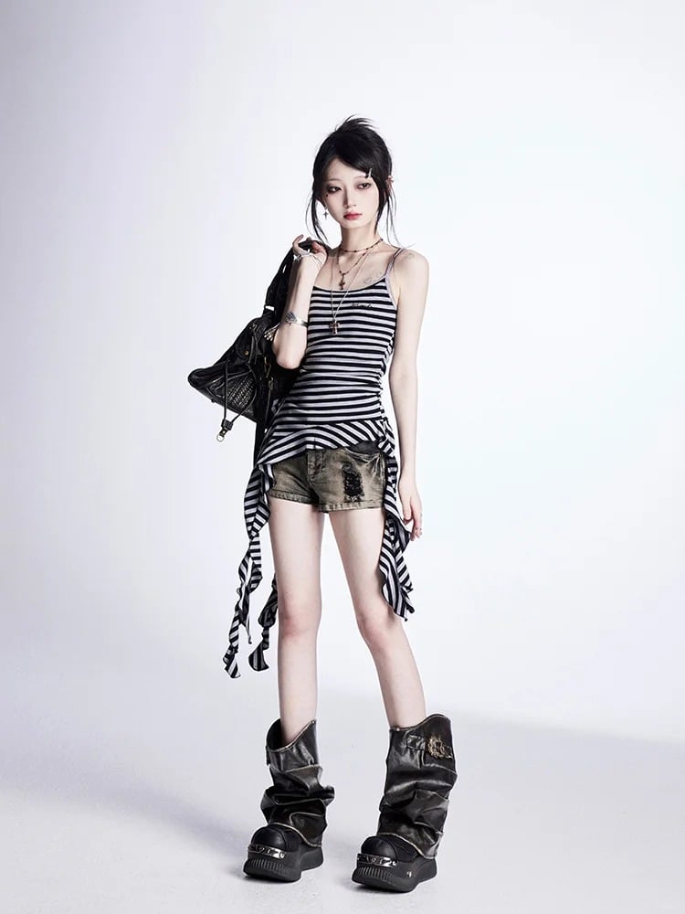 Glamorous Denim Shorts Waist Cross Studs Distressed Black Low