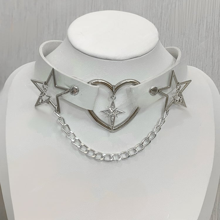 Jirai Kei schwarzer Strass-Stern-PU-Halsband mit Kette