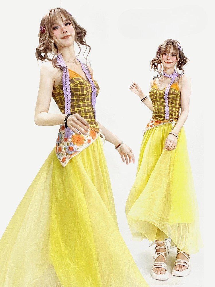 Cami Top Purple Set Scarf Summer Overlay + Plaid Yellow Skirt