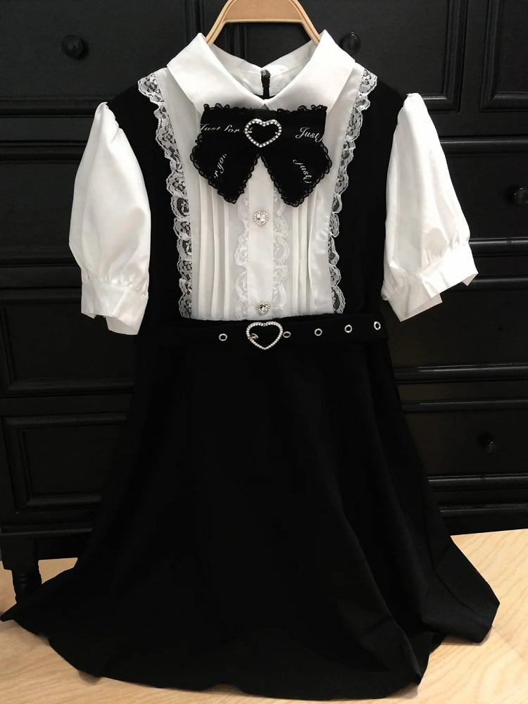 Detachable Black Overall Heart Bow Jirai White Buckle Dress Belt Colorblock Tie with Kei Faux
