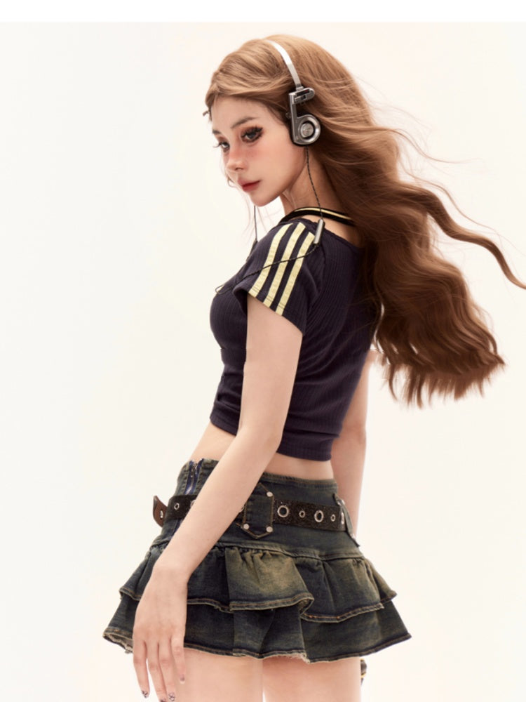 Cropped T-Shirt Navy Blue Halter Neck Glamorous Two-pieces Faux
