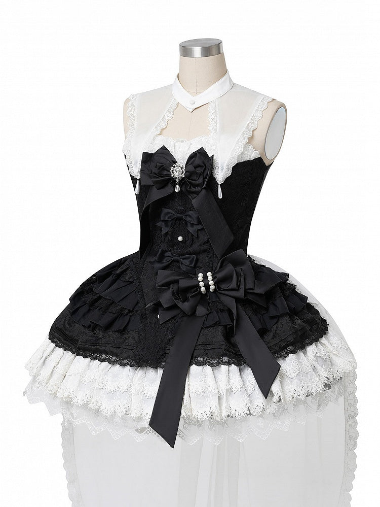 Bows White Dress Black Decorated Gothic Skirt Lolita Tiered and