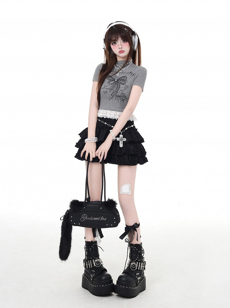 Bow Print Glamorous Cropped Neck Lace Hem T-Shirt Gray/White Mock