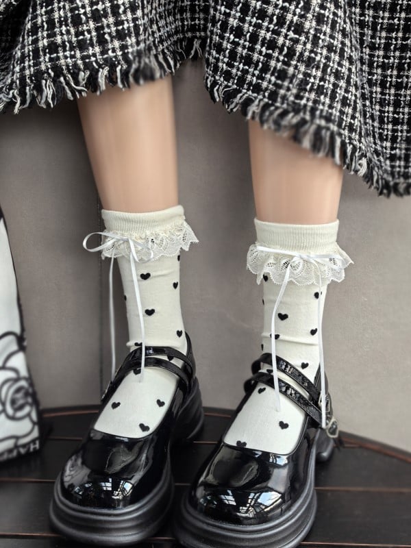 Lace Black/White/Yellow/Gray Cuffs Details Socks Calf Heart Print Ruffled Bowknot