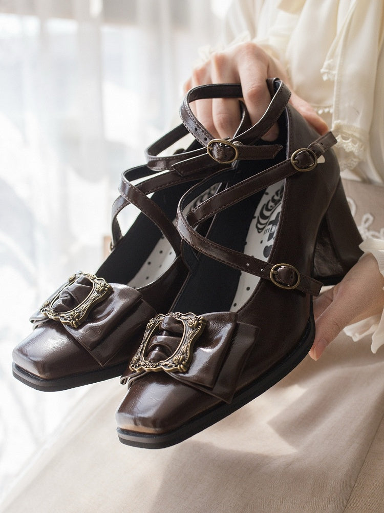 Toe Picture Heels Middle Crisscross at Square Frame - Straps Design Bow Buckle Elegant Top Brown Lolita