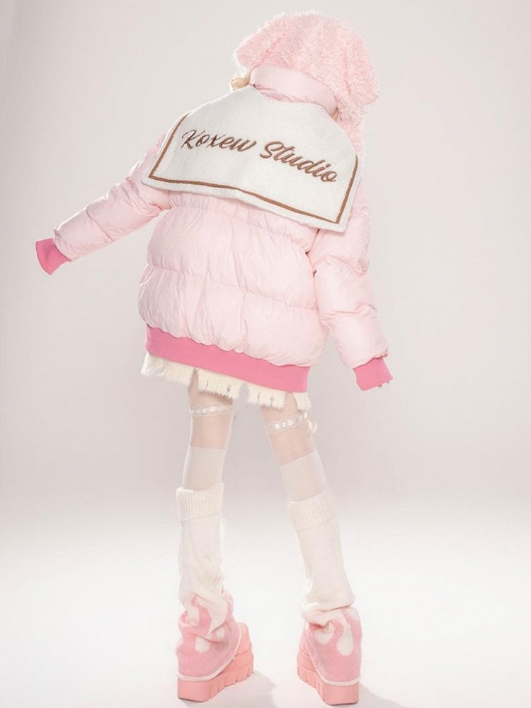 Pink Kitty Print Detachable Sailor Collar Thick Jacket