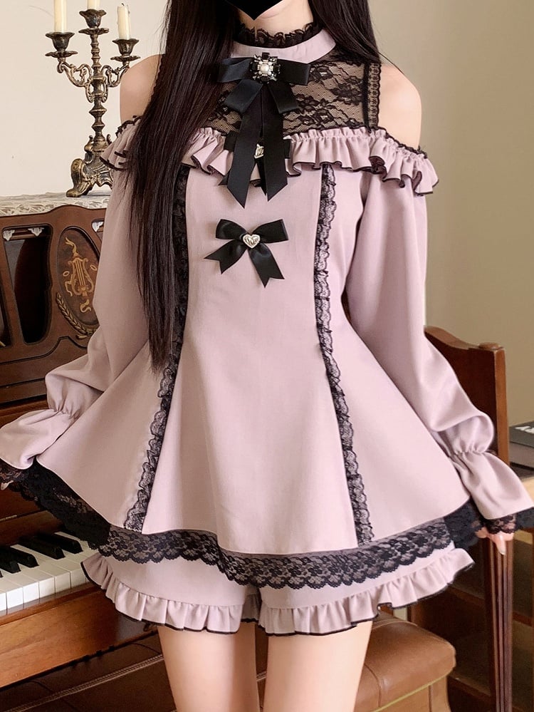 Illusionsrock-Ausschnitt, Cutout an den Schultern, Shorts, Minikleid, Jirai Kei, schwarzes Rüschenset mit Lila