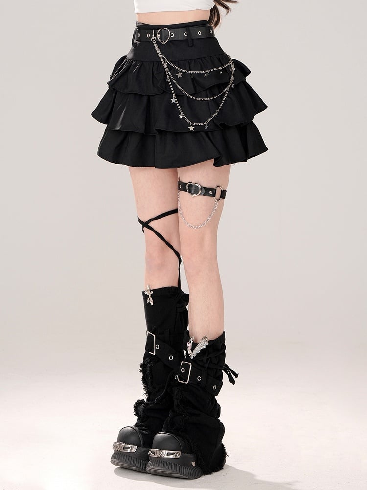 Chain Black Tiered Skirt with Heart Buckle Belt and Waist