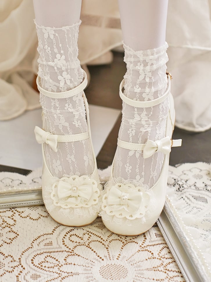 White Round Buckles Heart Lolita Lace at Milky Bow Toe Top Trim