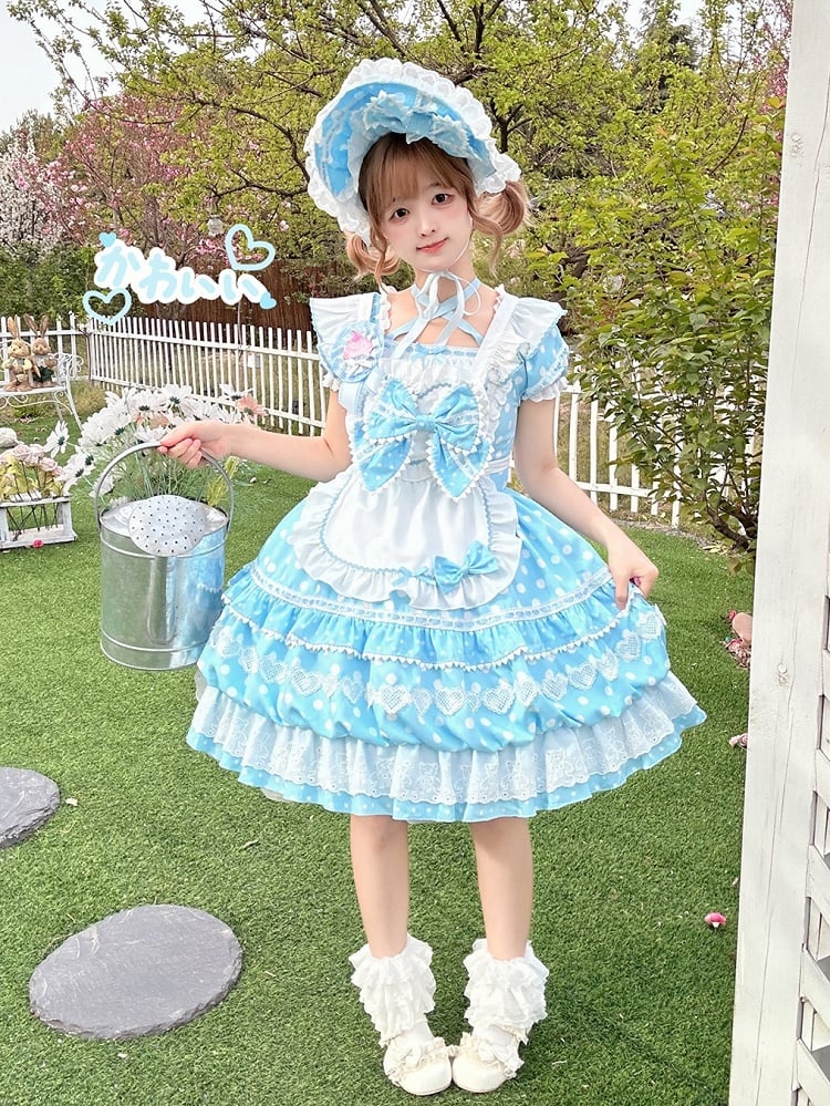 with Sleeves Apron Square Blue Polka Short Dress Lolita White Neckline Dots