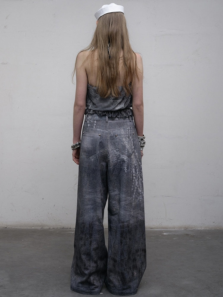 Print Lace Jeans Cut Wide-leg Blue Chain Punk Wasteland Details