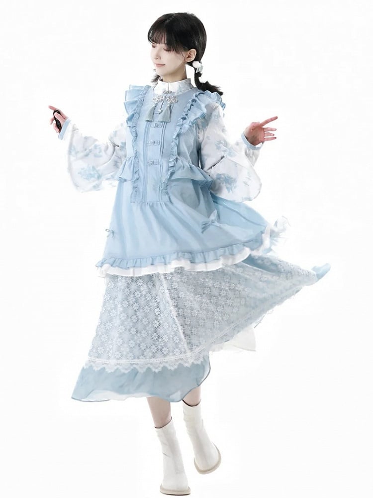Rococo Back Buttons Style Blue Flutter Sleeves Big Sleeveless Dress Knot Cheongsam Details Tassel Bow