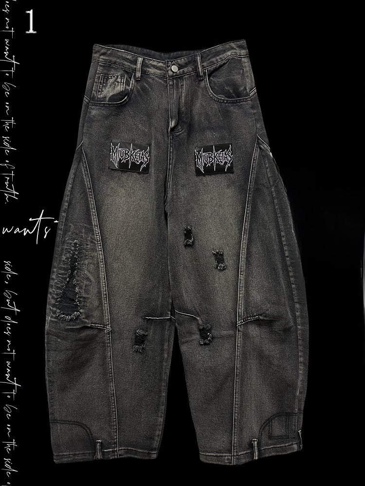 Buchstaben Jeans Löcher Details Schnitt Dunkel Distressed Grau Applikation Weites Bein