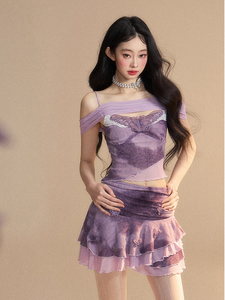 Neckline Butterfly Embroidery Top/Butterfly Accents Applique Glamorous Tiered Skirt Lavender Off-the-shoulder