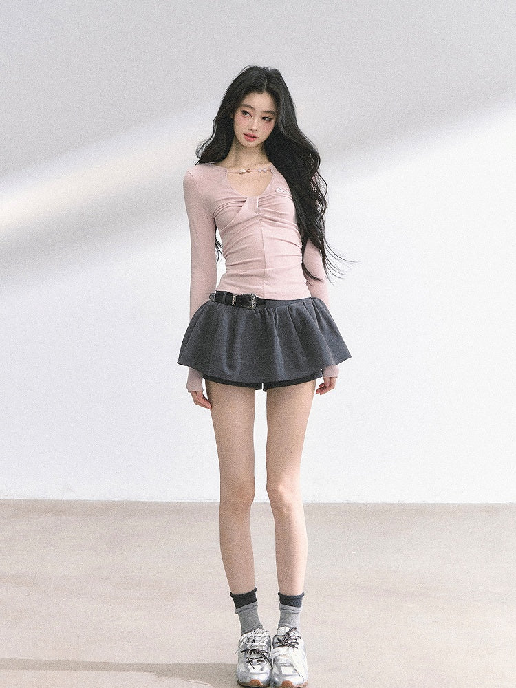 Details Neckline Ruched Light Pink Bead Design Top