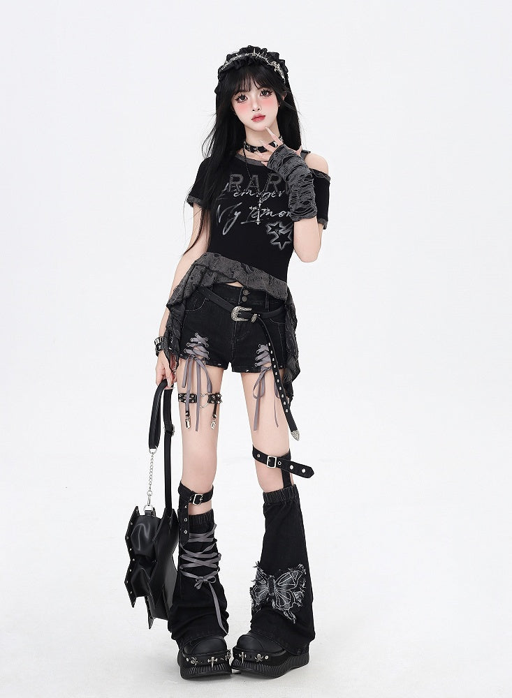 with Leg Hem Denim Shorts Lace-up Details Black Butterfly and Warmers Gray Applique