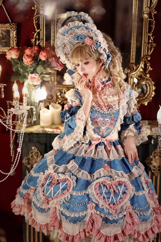 Blue Hanayome Rosette Embroidery Floral and Bead Chain Details Lolita OP Full Set
