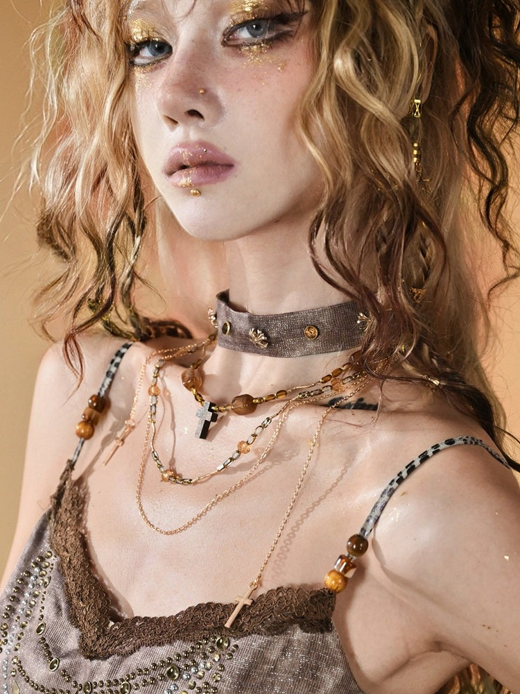 Brown Neacklace Cross Pendant Punk Beaded Choker With Wasteland