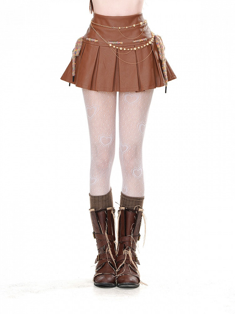 Mini Skirt Waist Box Pleat PU Brown High