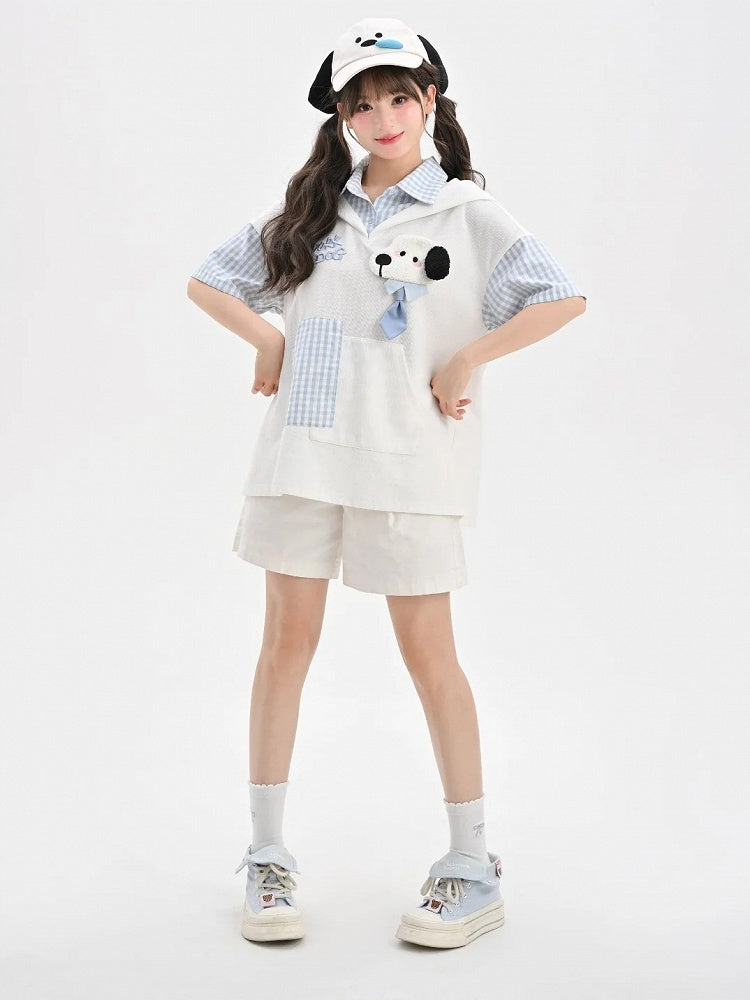 Two-pieces Puppy Ears Design Hood Pattern White and Puppy Faux T-Shirt Blue Plaid