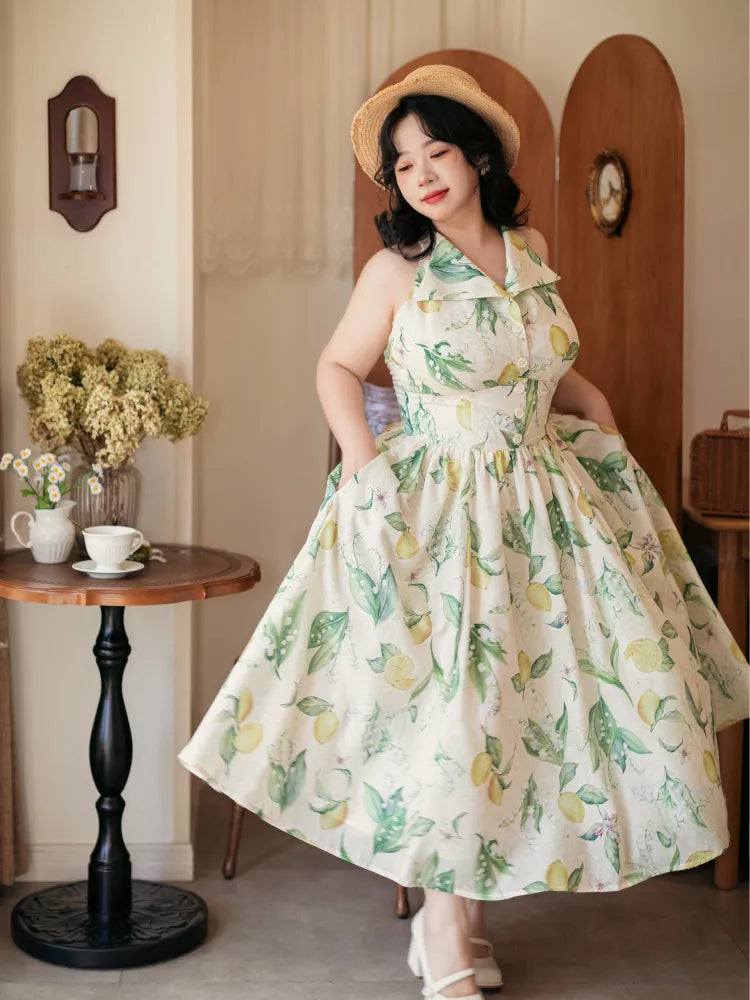 Neck Big Halter Fashion Backless Bow Lemon Green Retro Print Back Dress