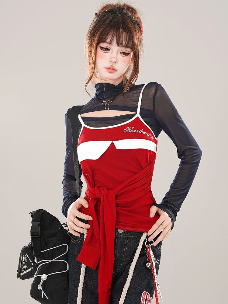 ネイビーブルーのカットアウトディテール モックネック メッシュトップ