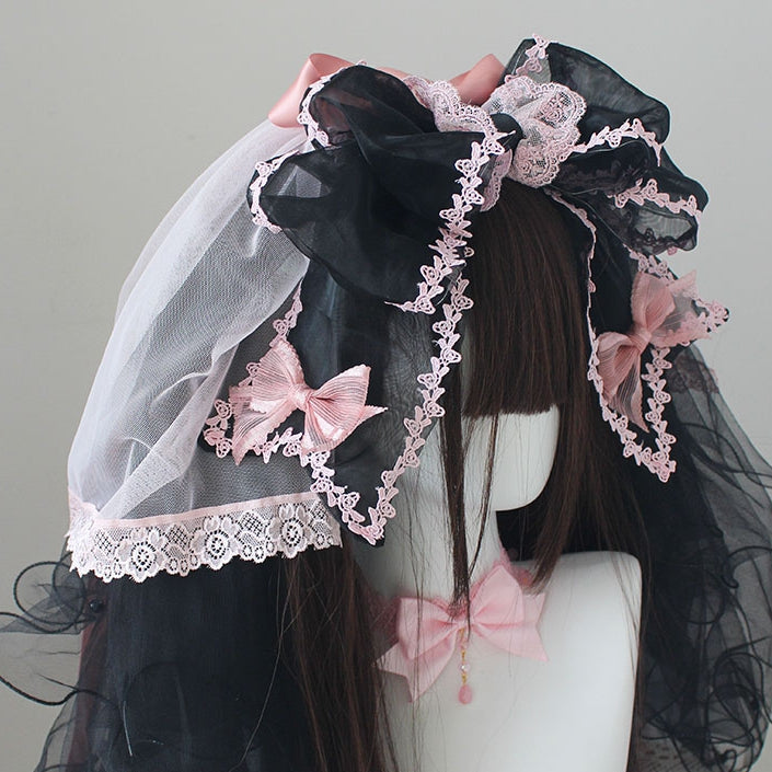 Nœud papillon noir et rose en dentelle KC avec voile