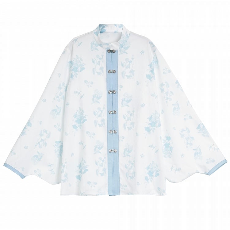 Weißes Blumenmuster, gebänderter Kragen, Knotenknöpfe, Rokoko-Blau, Cheongsam-Bluse