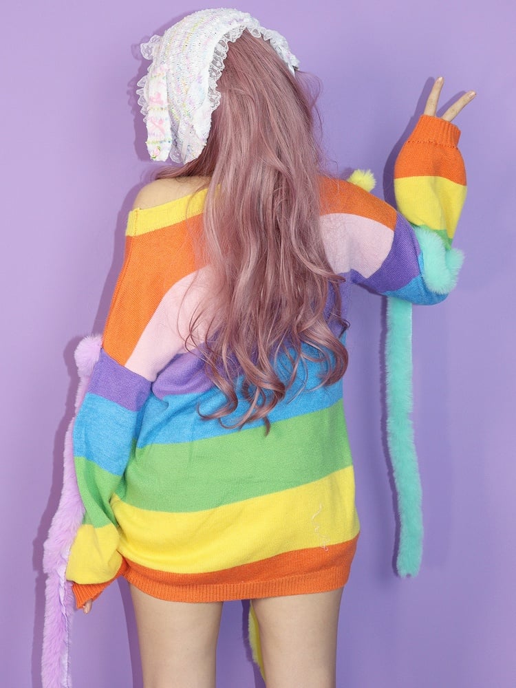 Y2K Striped Pattern Knitted Sweater Colorful Rainbow