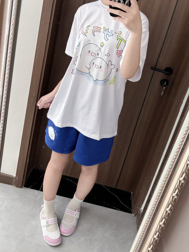 Print Shorts Drawstring Seal Blue Cute Navy Waist