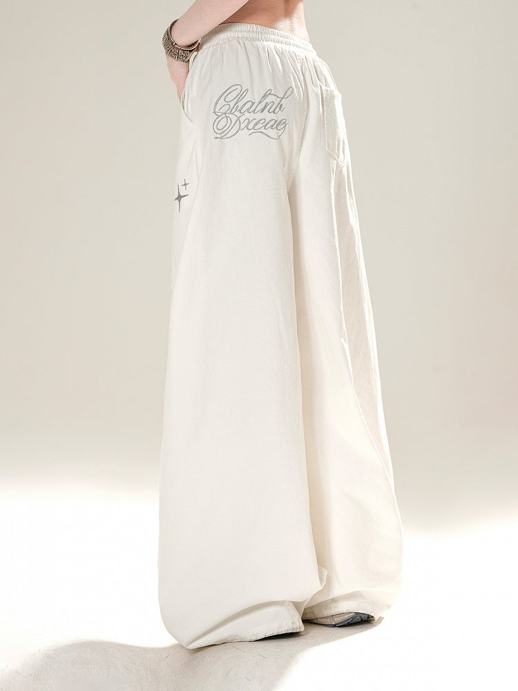 White Drawstring Waist Distressed Holes Wide-Leg Jeans