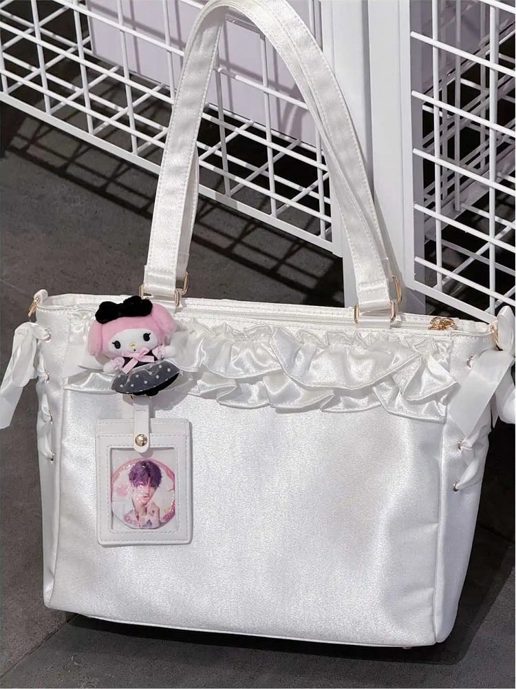 Holder Bow Bag Satin Card Ruffle White Straps Trims Ita With Self-tie
