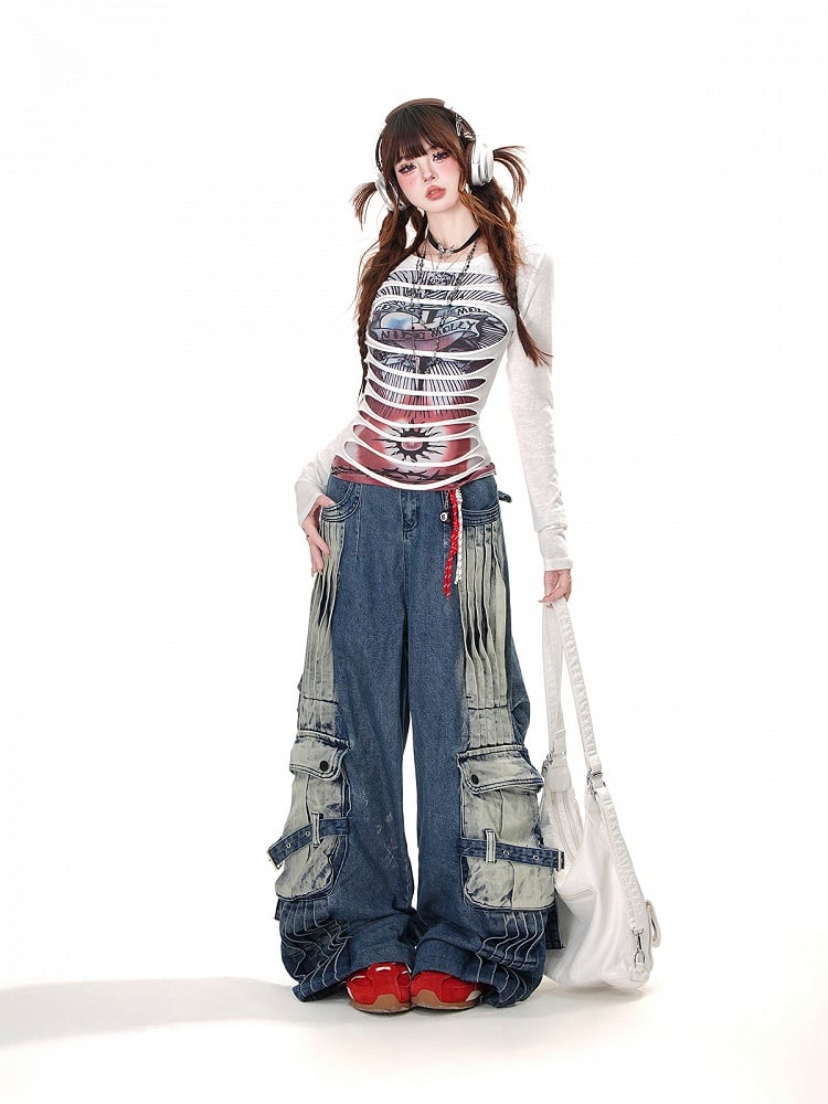 Blue Faded Wash Cargo Pockets Loose Wide-Leg Jeans