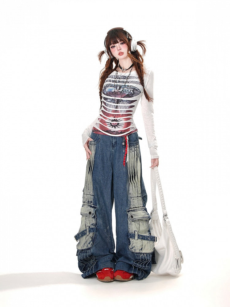 Loose Faded Pockets Wash Cargo Wide-Leg Jeans Blue