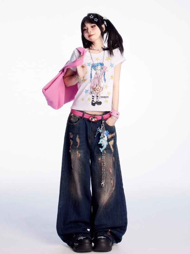 Dark Blue Low Vintage Wide-leg Jeans Waist Distressed Holes