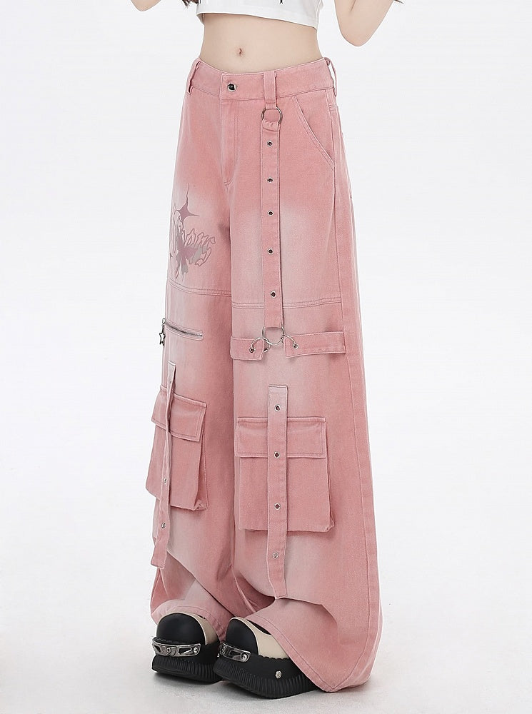 Print Strap Details Vintage Jeans Wide-Leg Cargo Pink Butterfly