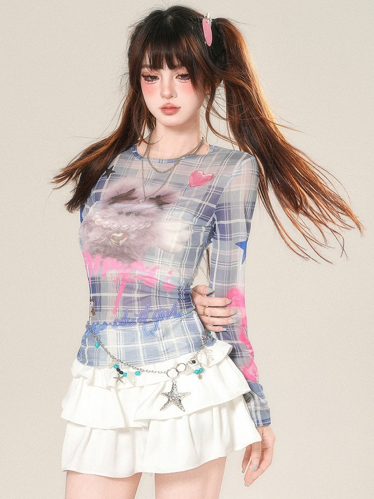 Blue And Glamorous Top Print Pattern Long Sleeves Letter Plaid Doll