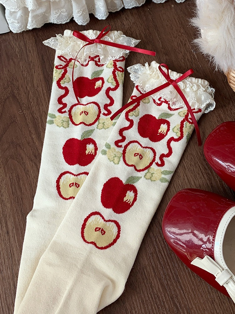 Lolita Calf Trim Sweet Socks Print Lace Apple Green/Red