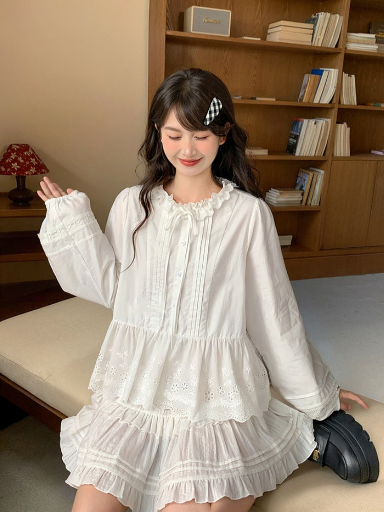 White Elastic Waist Ruffle Hem Tiered Skirt