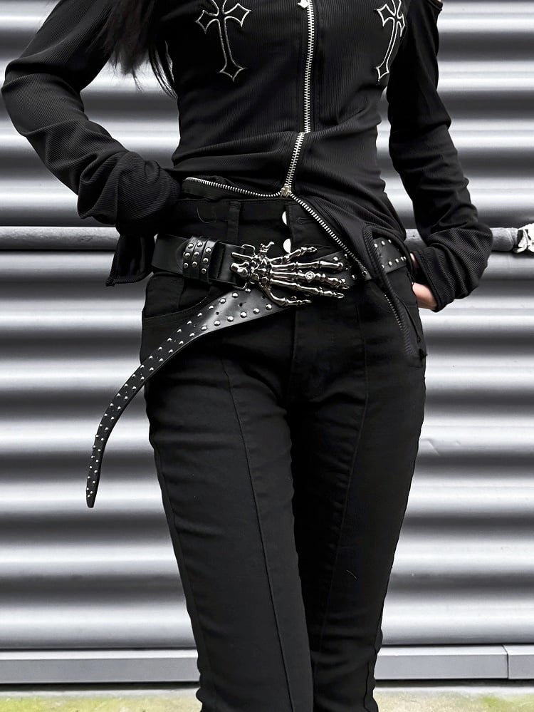 Punk-schwarze Slim-Fit-Hose mit Fischschwanz und hoher Taille mit Gürtel mit Skeletthand-Schnalle