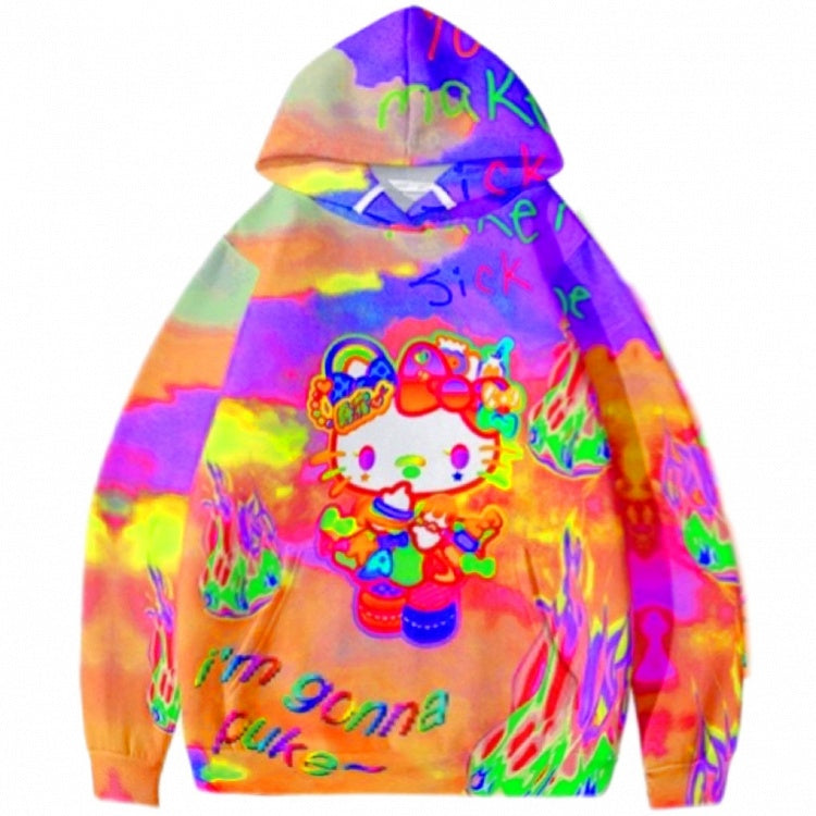 Letter And Y2K Kitty Print Hoodie Orange Fire